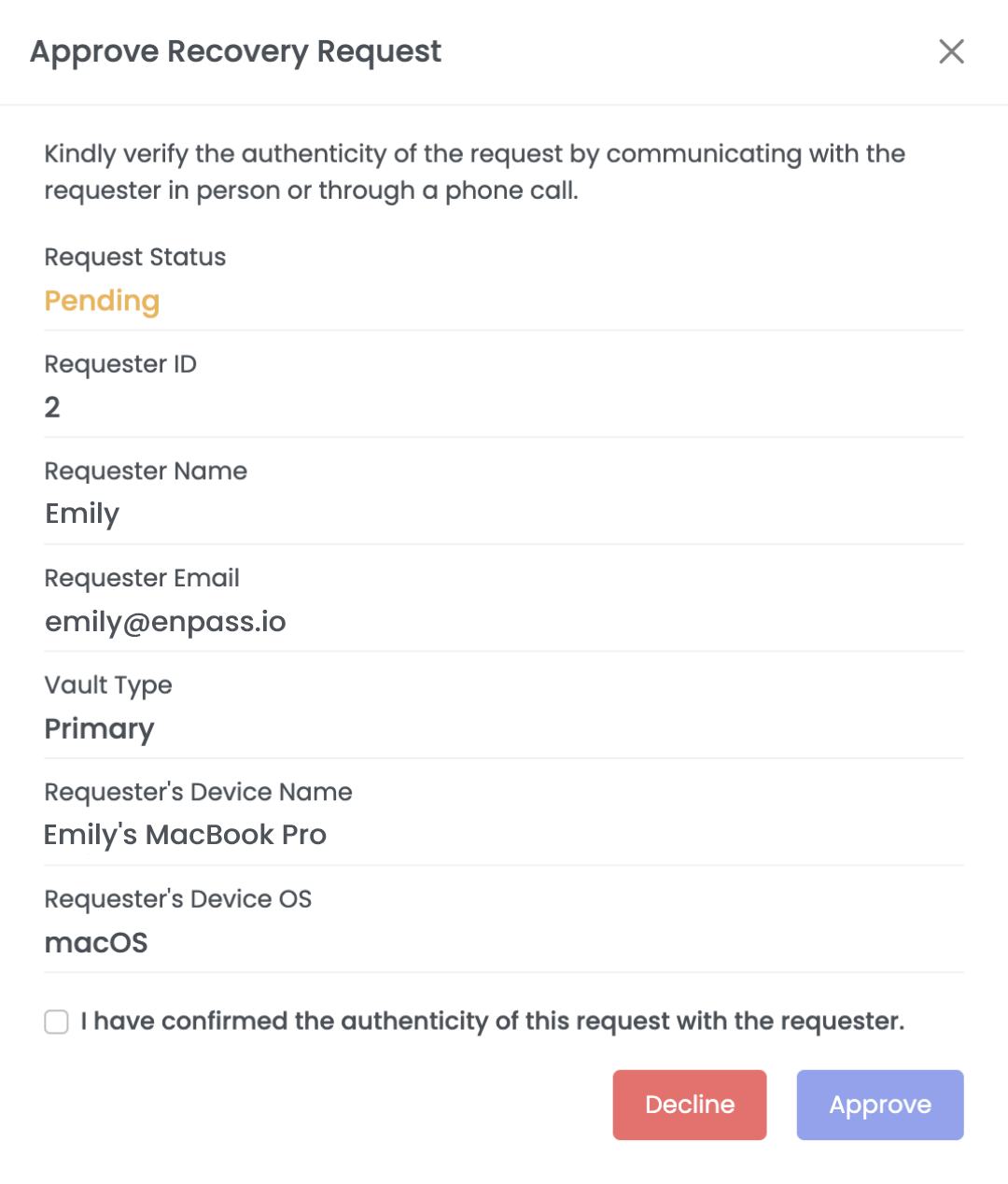 Approve Recovery Request